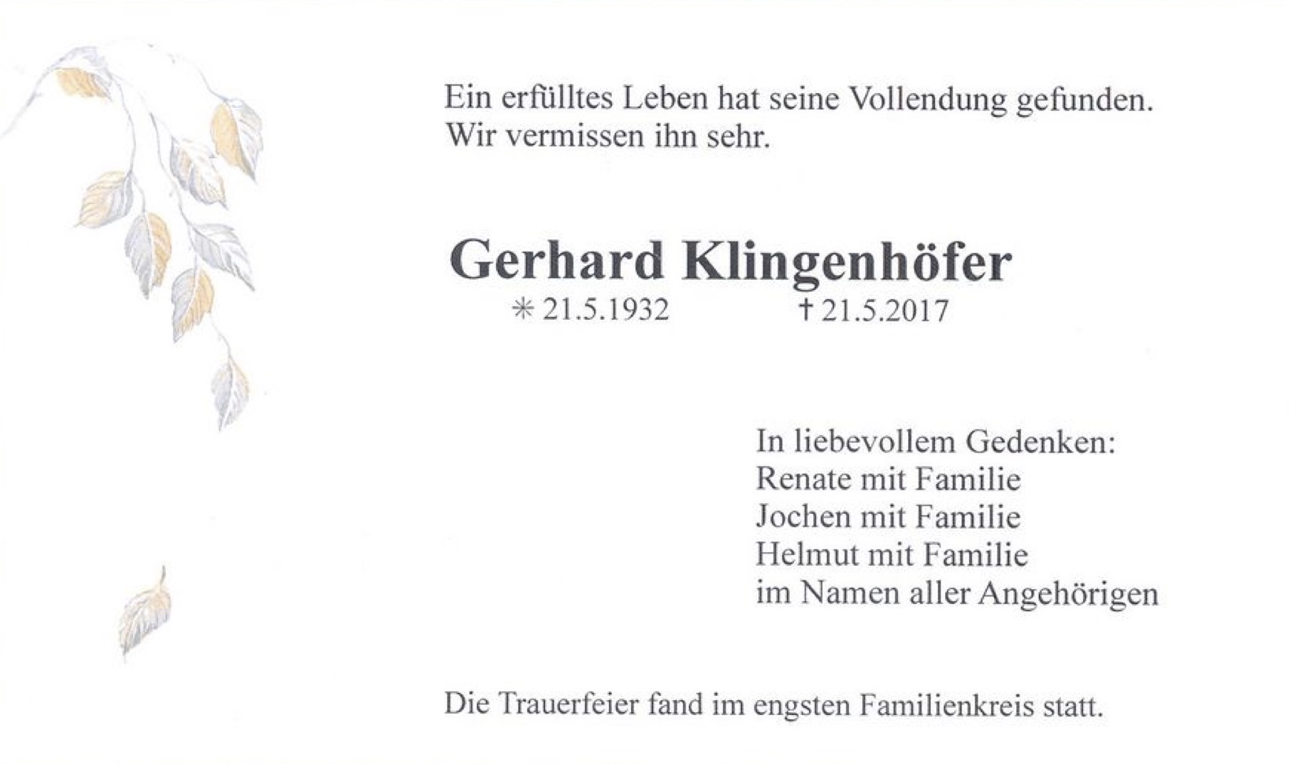 Todesanzeige für
            Gerhard Klingenhöfer